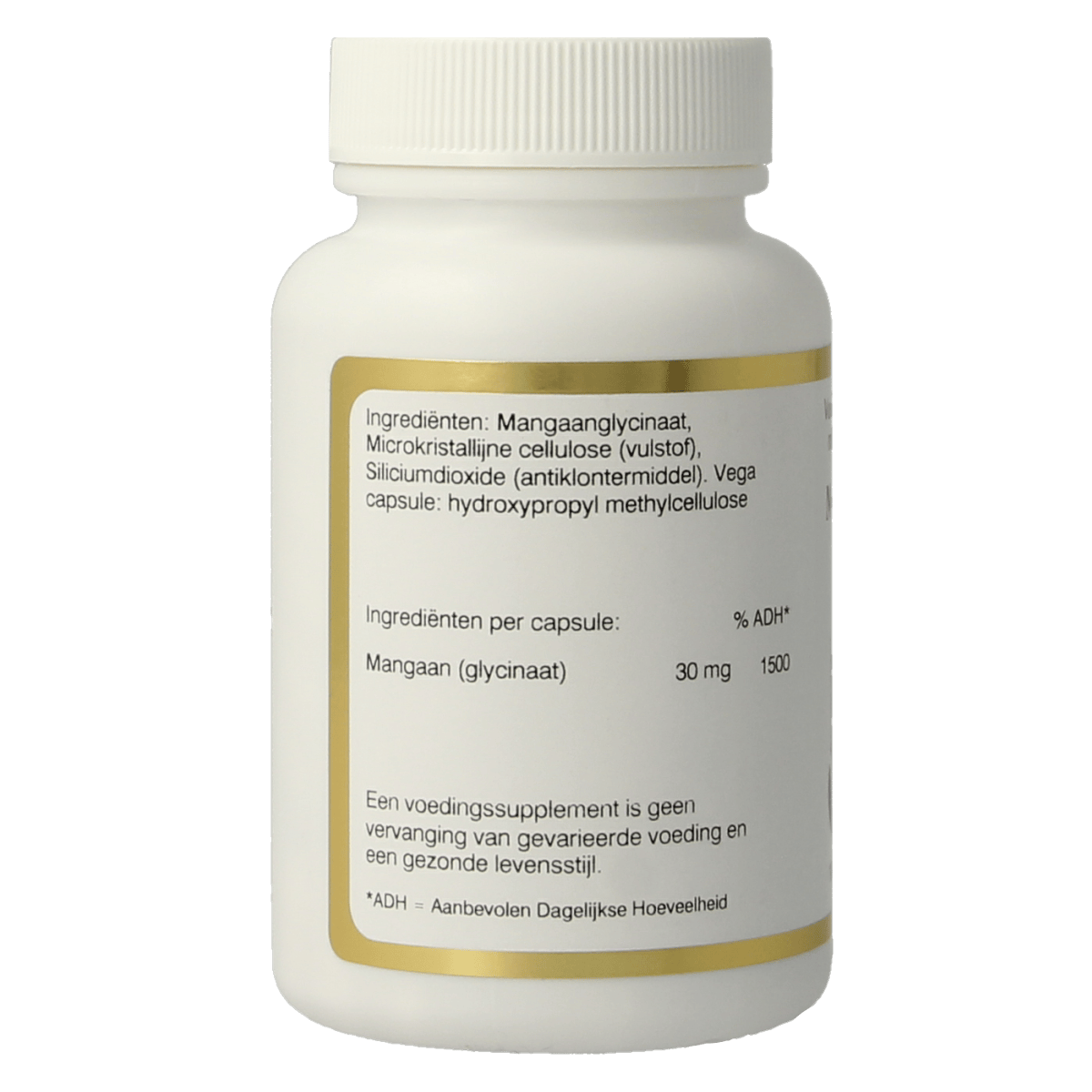 Vital Cell Life Mineralen Enkel Mangaan amino 30mg vegetarian capsules, showing the bottle with white capsules inside.