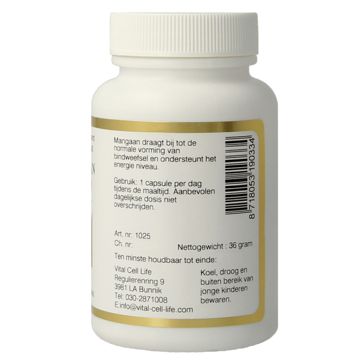 Vital Cell Life mineral supplement featuring vegetarian capsules with 30mg manganese amino for mineral support.