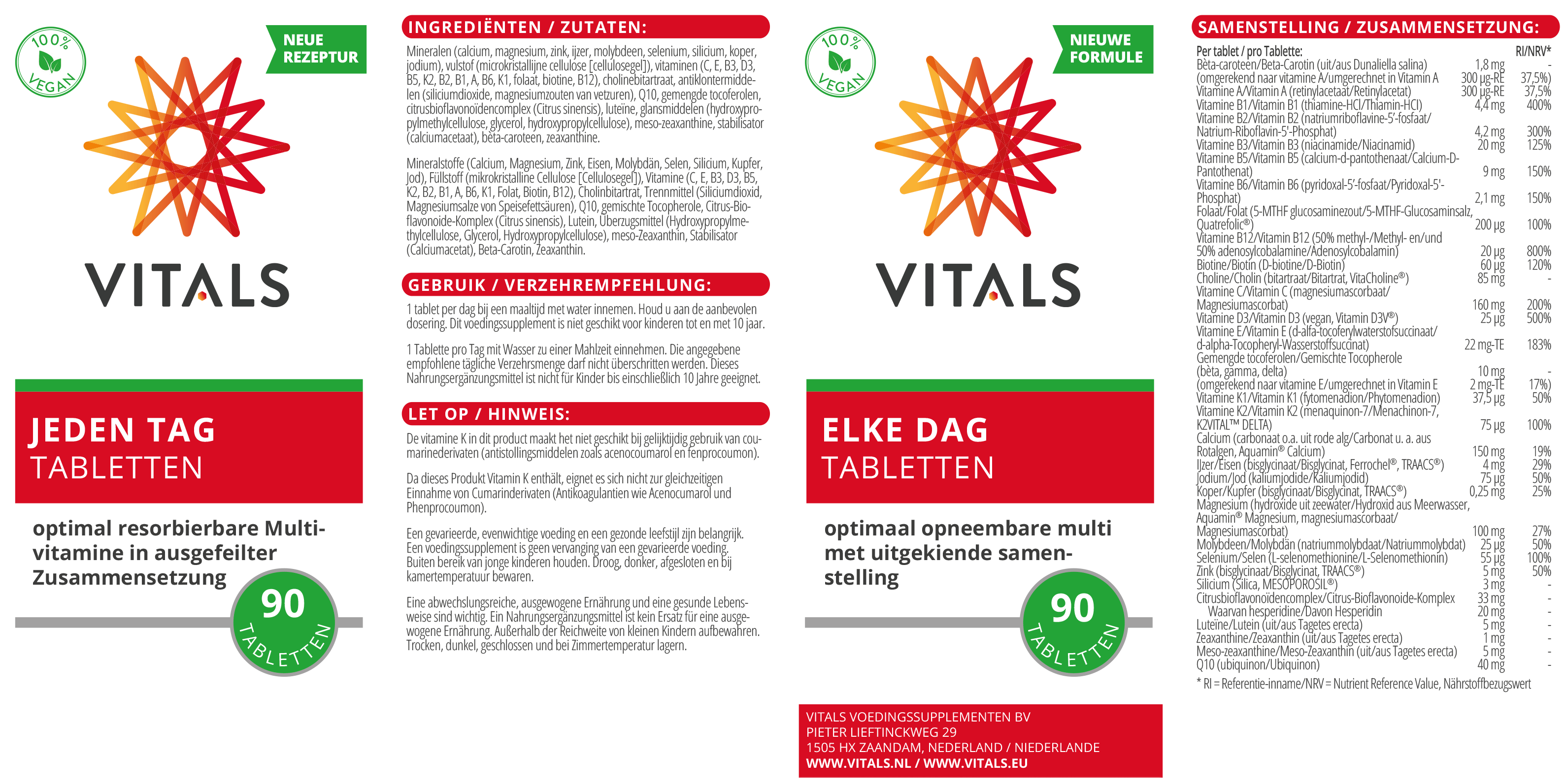 Vitals Elke Dag multivitamin tablets, 90 count, showing the bottle with white tablets in a clear container.