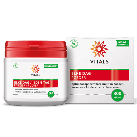 Vital Elke Dag powder in 300g jar, a dietary supplement by Vitals, with a smooth, light-colored powder visible in the container.