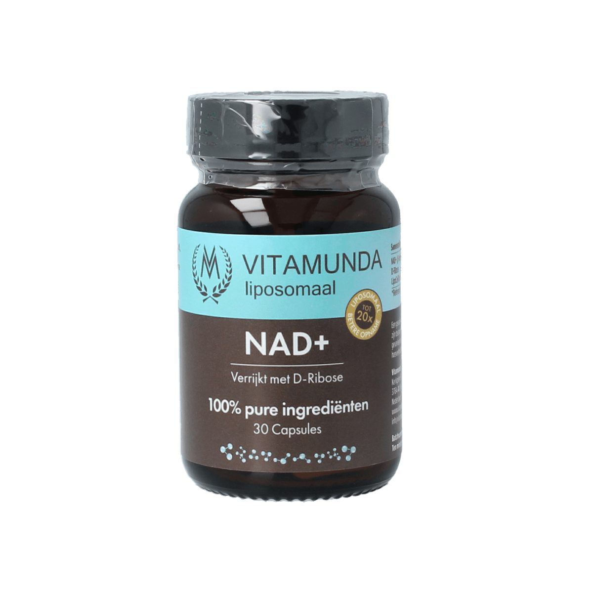 Vitamunda Liposomale NAD+ capsules, dietary supplement in a white bottle with 30 capsules, natural health product.