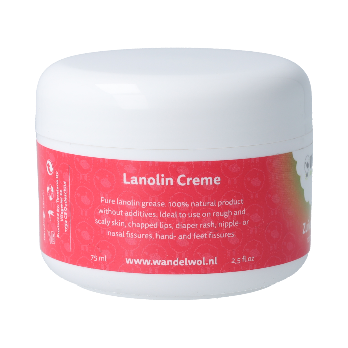 Wandelwol Zuivere Lanoline body care product in 75ml bottle, featuring natural lanoline for skin nourishment and hydration.