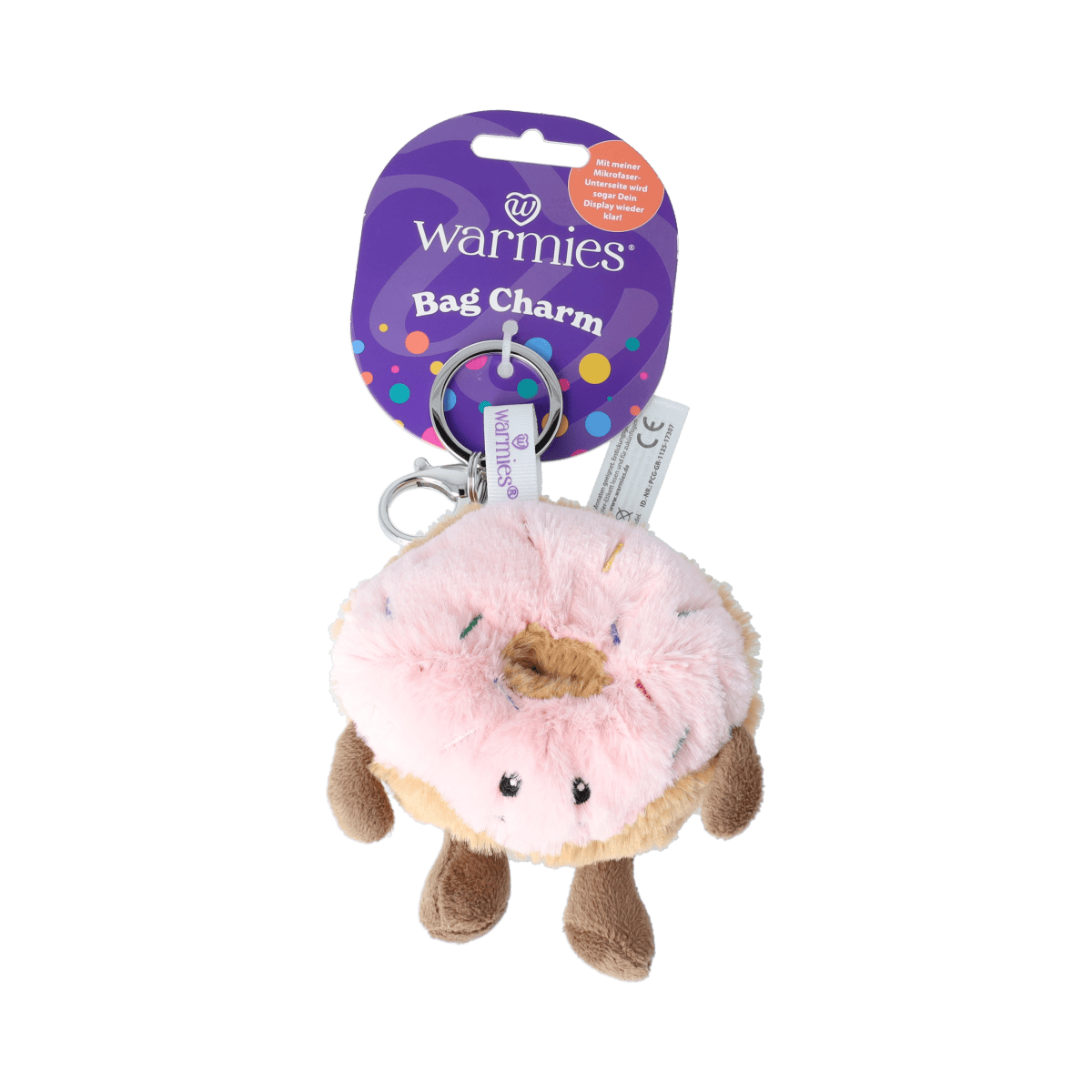 Warmies bag charm donut, soft plush toy from Warmies, featuring a cute donut design, perfect for decoration or cuddling.