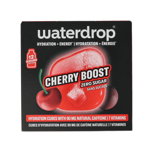 Waterdrop Microenergy Cherry Boost drink tablets, 12-pack, in colorful packaging for flavored water enhancement.