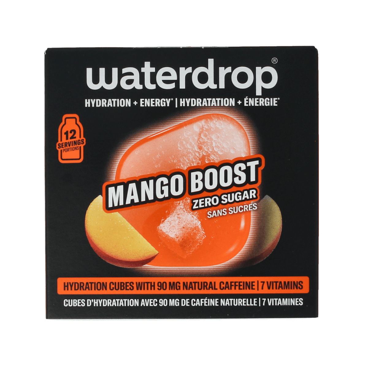 Waterdrop Microenergy Mango Boost drink drops, 12-pack, in a clear container with mango flavor, for enhancing beverages.