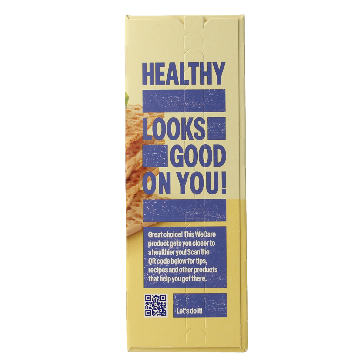 WeCare Lower kcal and carb crispy crackers in 100g package, light snack with crispy texture and healthy ingredients.