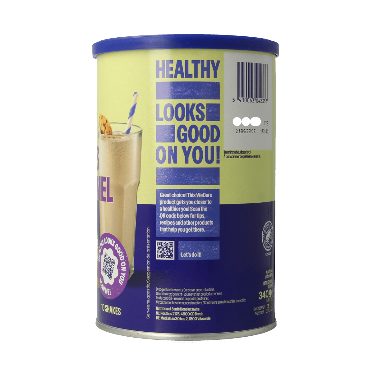 WeCare high protein shake cookies and caramel snack in a 340g package, ideal for quick and tasty protein-rich snacks.