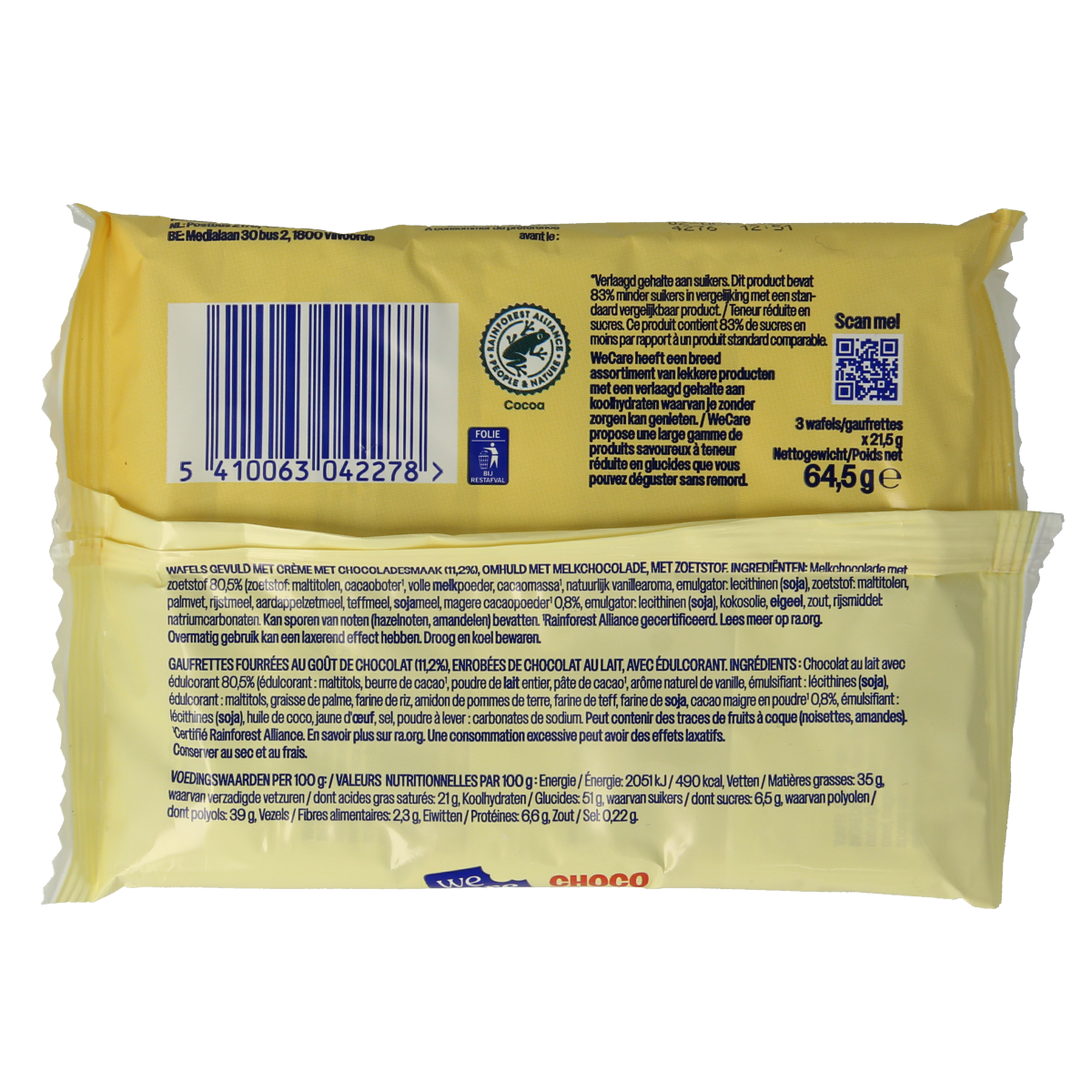 WeCare Lower kcal sugar chocolate break snack bar, 645g, in a clear wrapper with chocolate coating and branding visible.