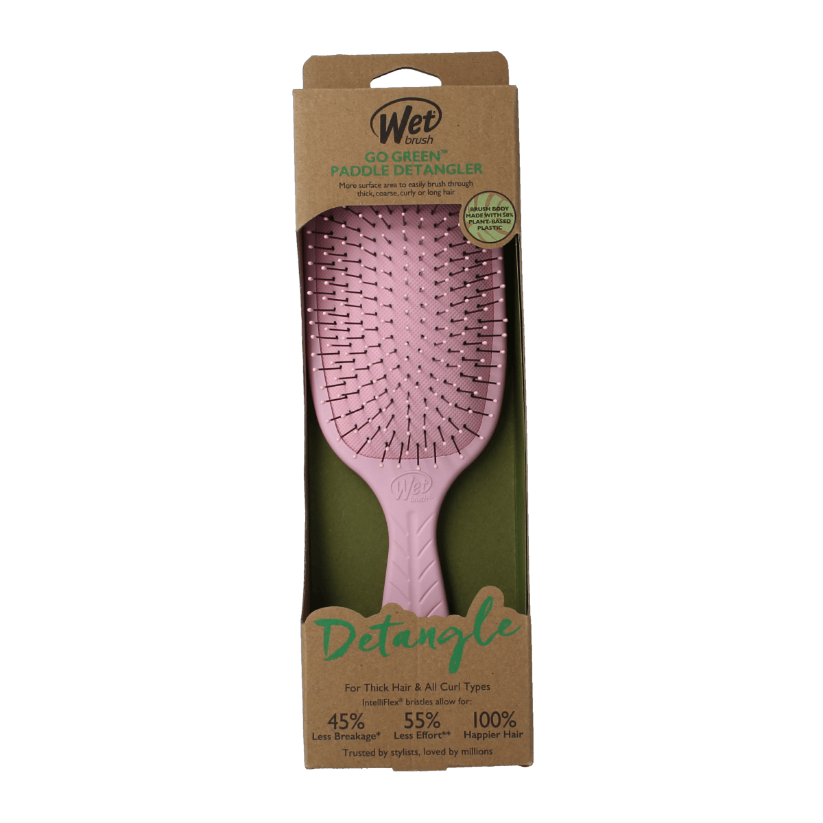 Wet Brush Go Green pink paddle detangler brush, shown alongside body sponges and gloves, designed for gentle hair detangling.