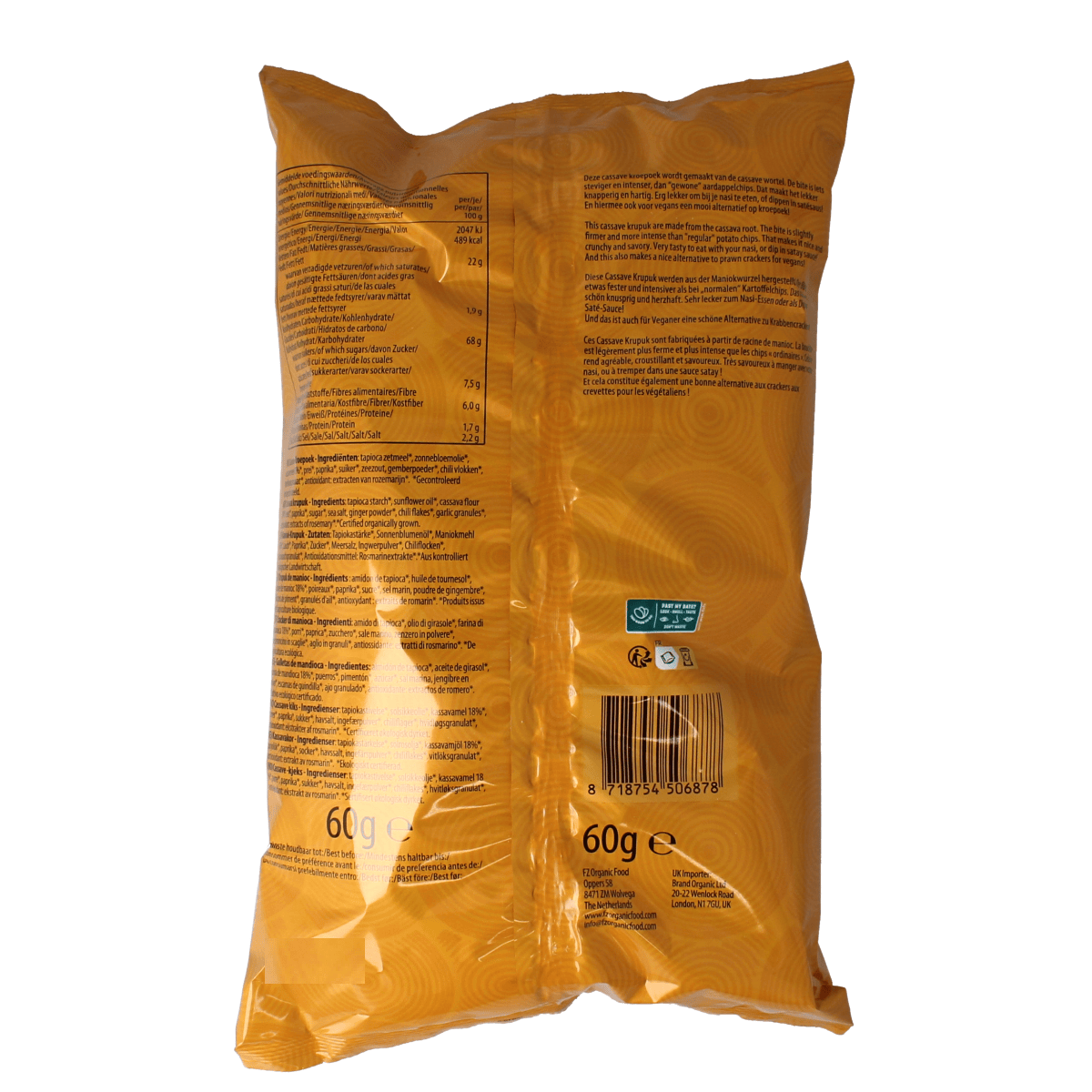 Yakso Cassave Krupuk bio, 75g, crispy Indonesian snack made from organic cassava, in a clear bag showing the snack pieces inside.