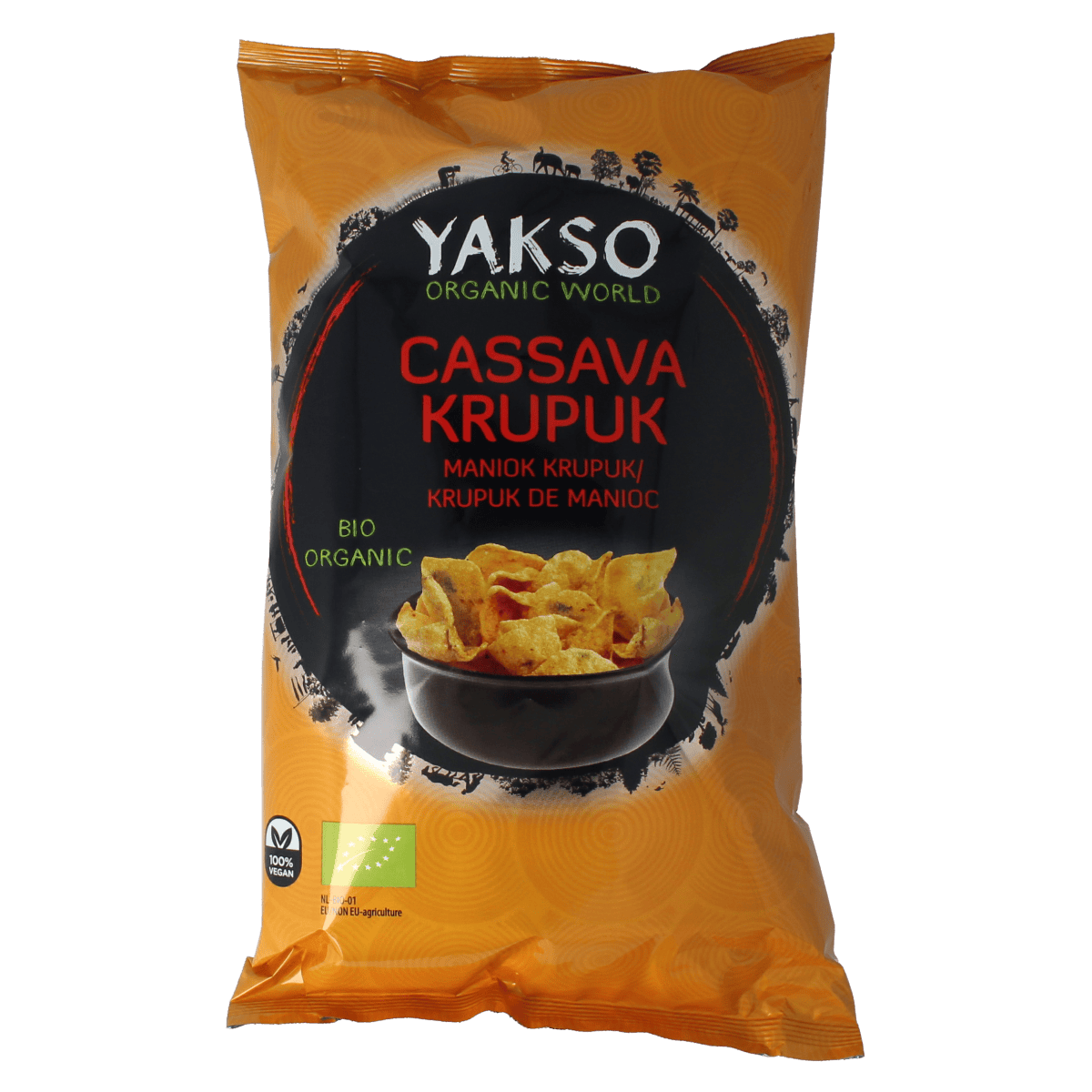Yakso Cassave Krupuk bio, 75g, crispy Indonesian snack made from organic cassava, in a bright, colorful package.