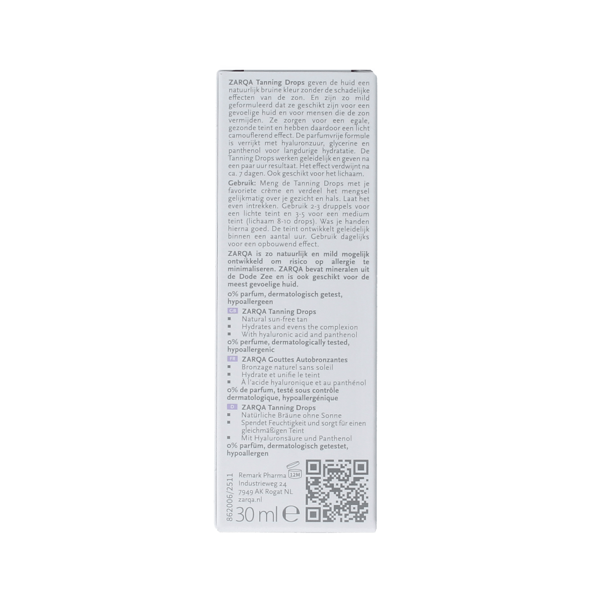 Zarqa Tanning Drops Sensitive 30ml bottle, natural tanning solution with visible dropper and clear label for skin-safe sunless tanning.
