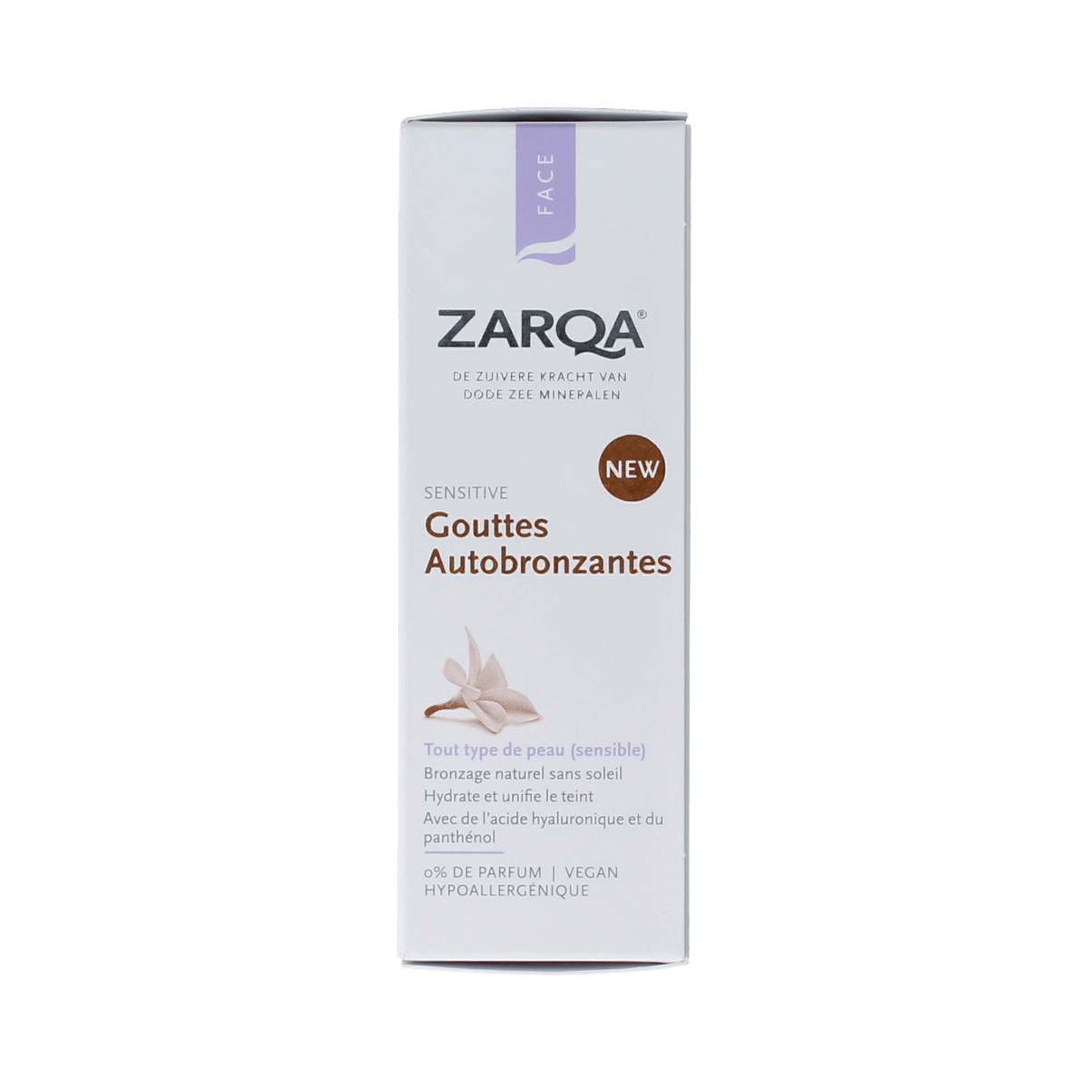 Zarqa Tanning Drops Sensitive 30ml bottle, natural skin tone, with dropper for precise application, in transparent bottle with black cap.