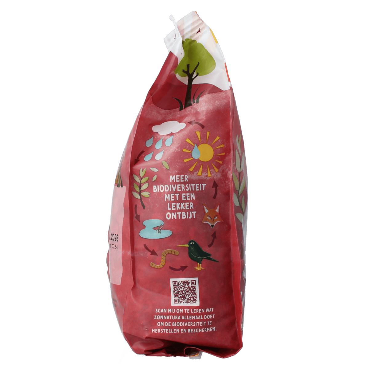 Zonnatura Muesli Rood Fruit Bio breakfast cereal in a 375g package with dried red fruits and grains, natural and organic.