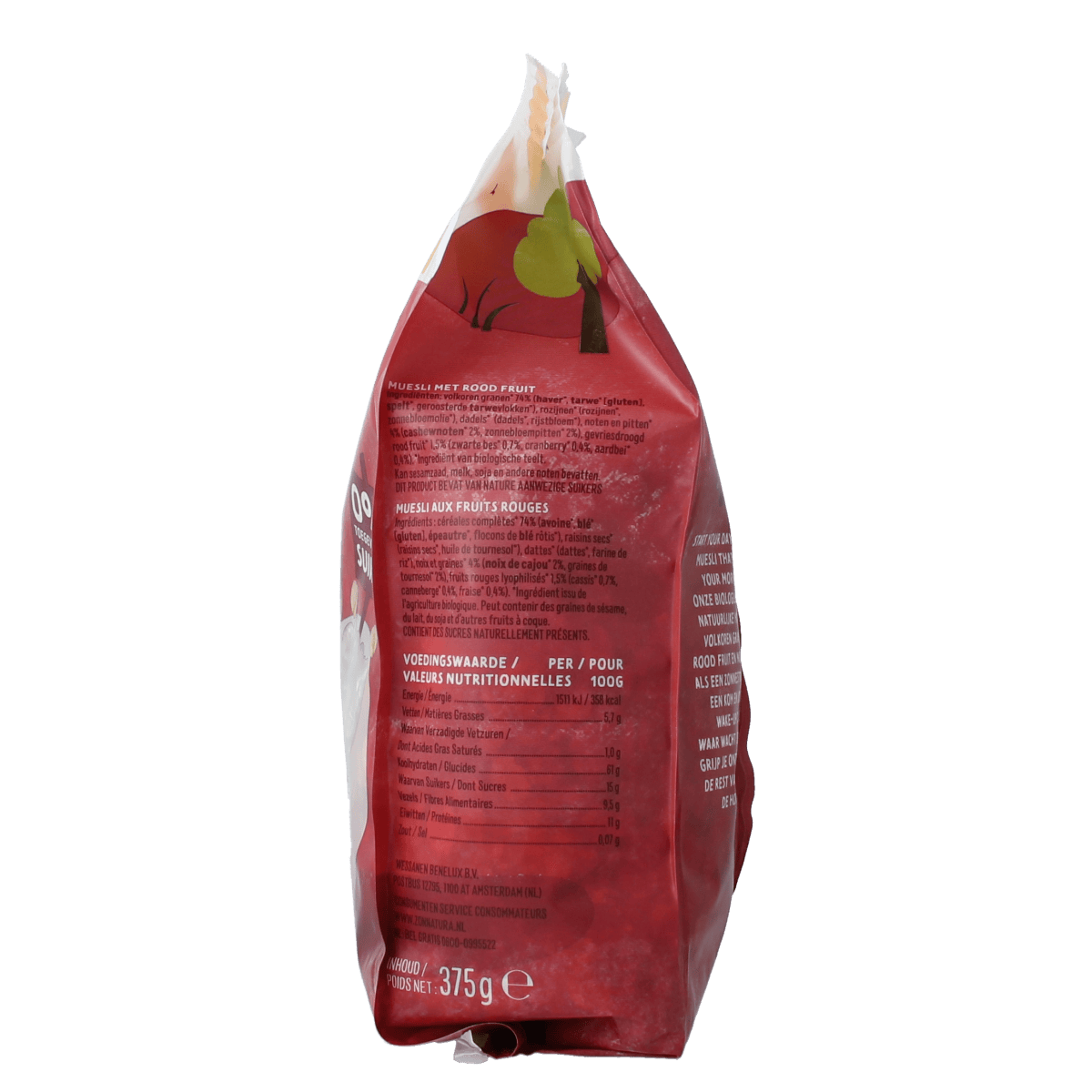 Zonnatura bio rood fruit muesli breakfast cereal in 375g package, with visible dried red fruit and grain flakes.