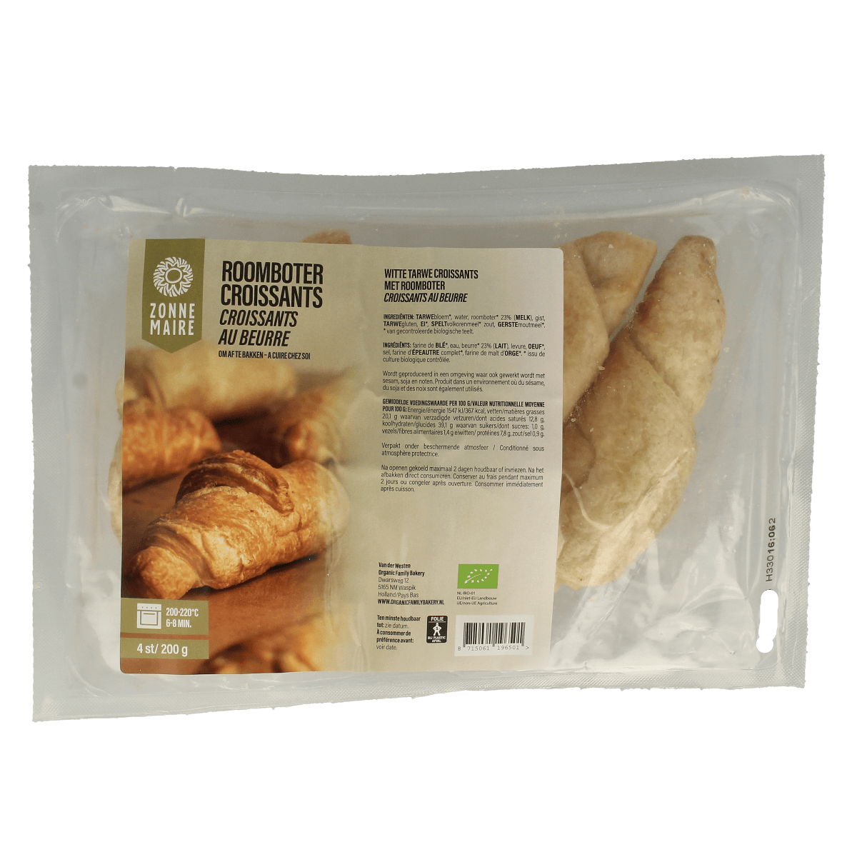 Zonnemaire organic butter croissants in a pack of four, fresh baked, golden brown, with flaky layers, for breakfast or snacks.
