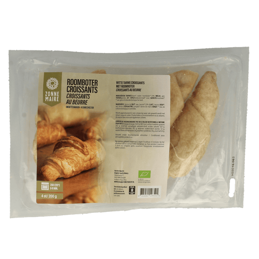 Zonnemaire organic butter croissants in a pack of four, fresh baked, golden brown, with flaky layers, for breakfast or snacks.